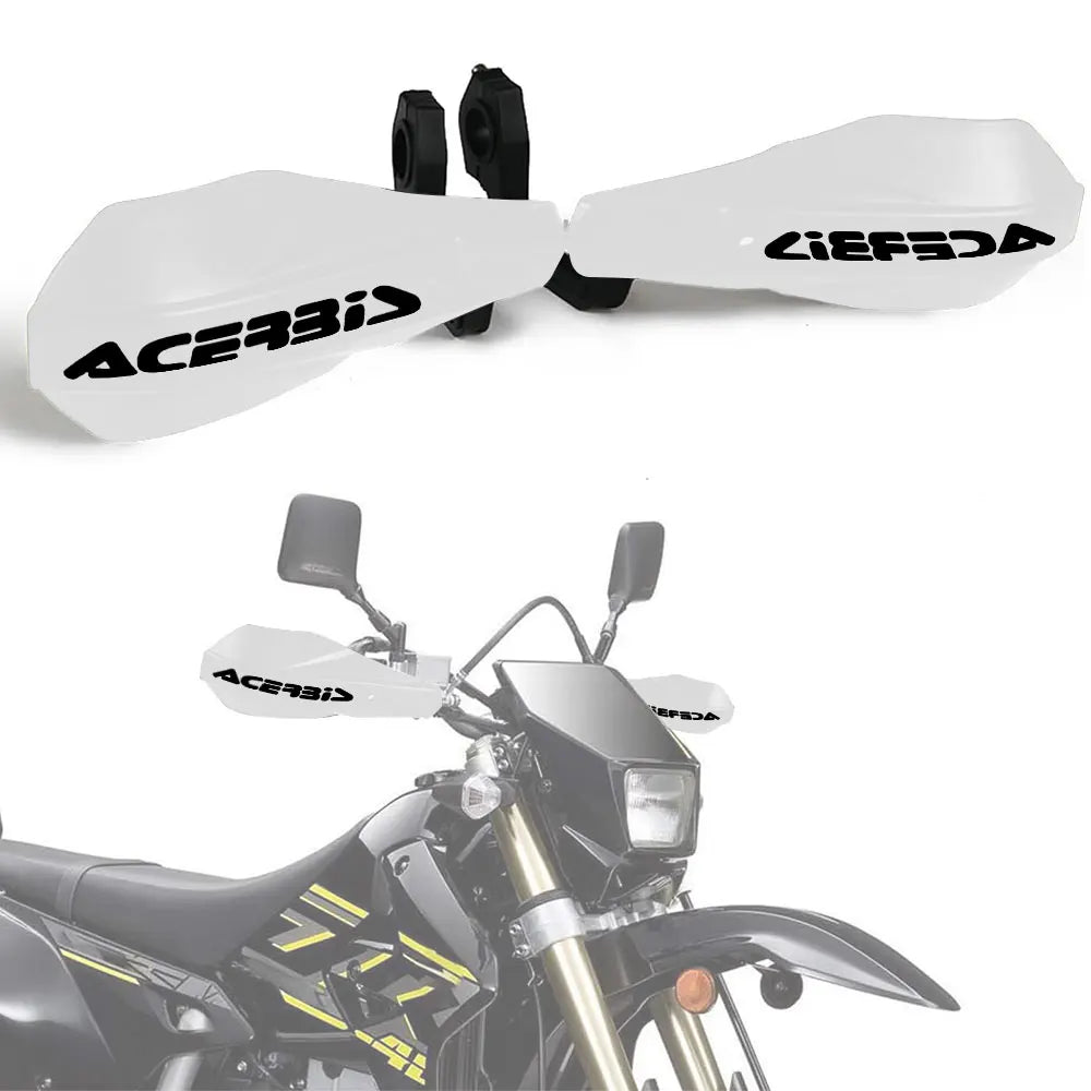Kit de protection de guidon blanc pour moto, montrant les poignées et les composants de fixation.