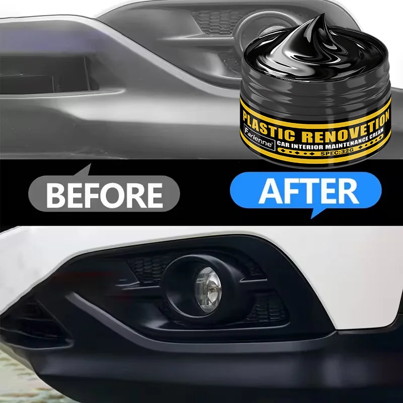 Comparación antes y después de crema de renovación plástica para restaurar superficies interiores de coche