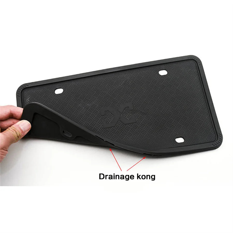 Black silicone license plate frame cover with drainage kong feature