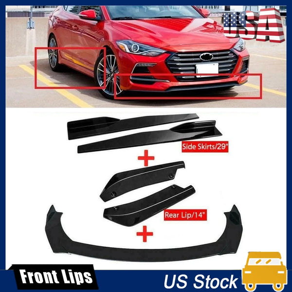 Black universal front lips and side skirts for a red car shown with replacement parts.