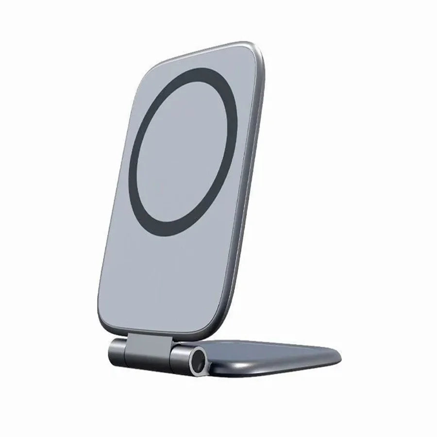 A silver magnetic phone holder designed for a car mount.