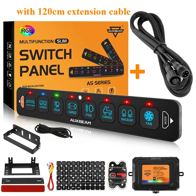 An RGB slim switch panel with an extension cable and various buttons shown alongside a wireless remote and mounting brackets.