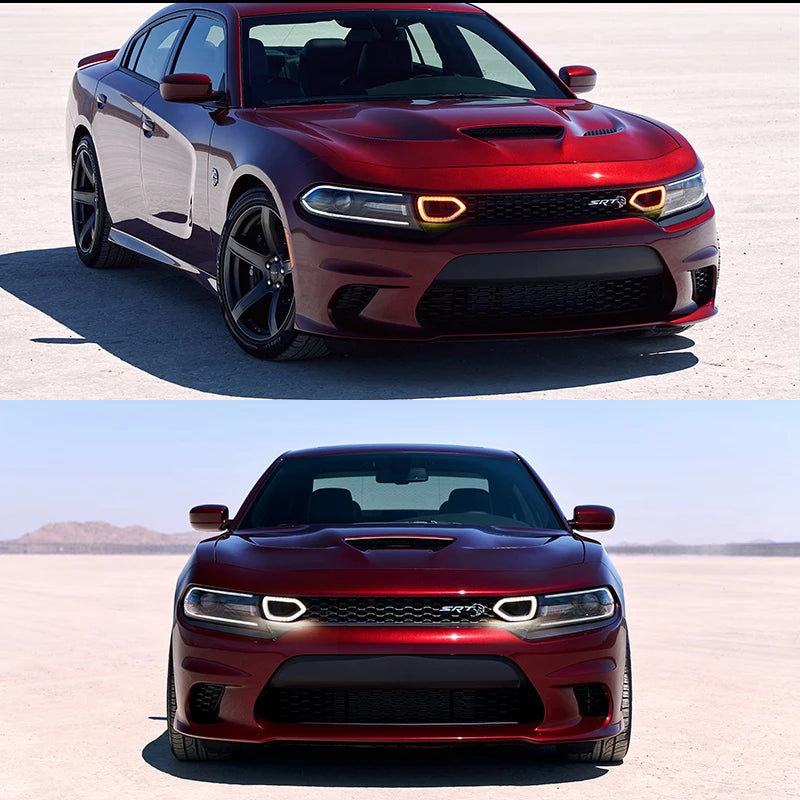 A red Dodge Charger with aftermarket LED grill lights installed, shown in a side profile and front view.
