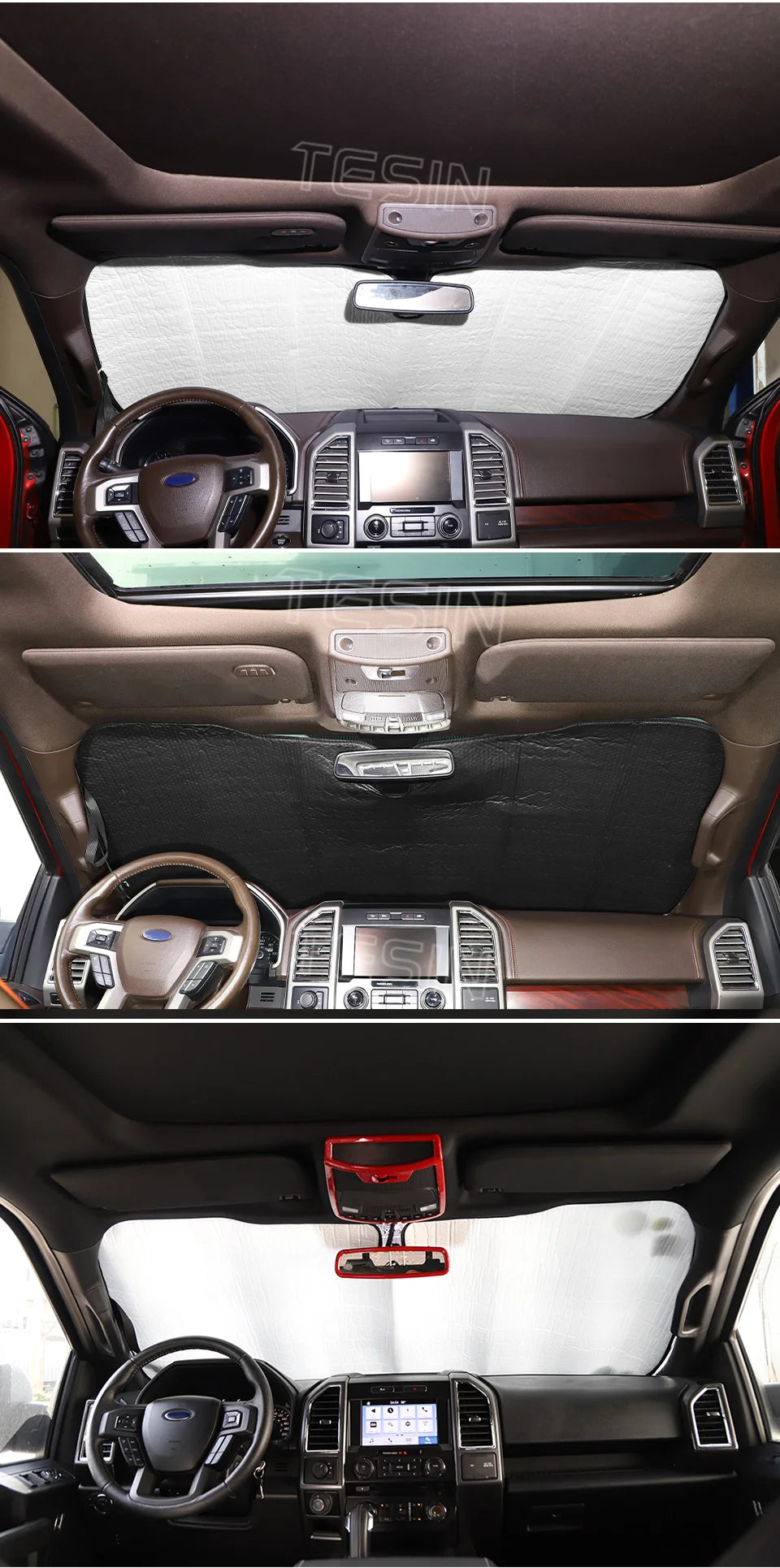 Interior view of a Ford F-150 showing various vehicle components and an aluminum foil windshield sunshade.
