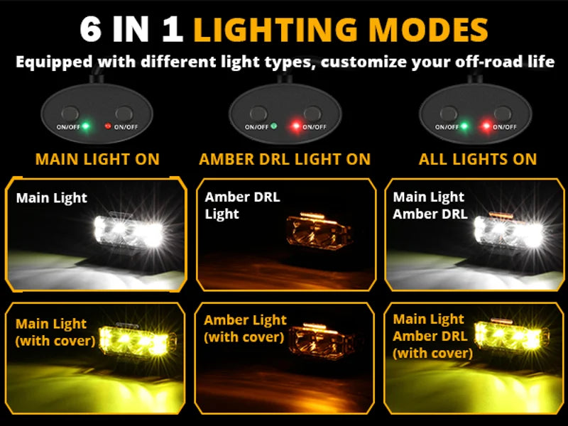 A display showing six lighting modes for high-performance 4-inch LED driving lights including main light, amber DRL, and all 