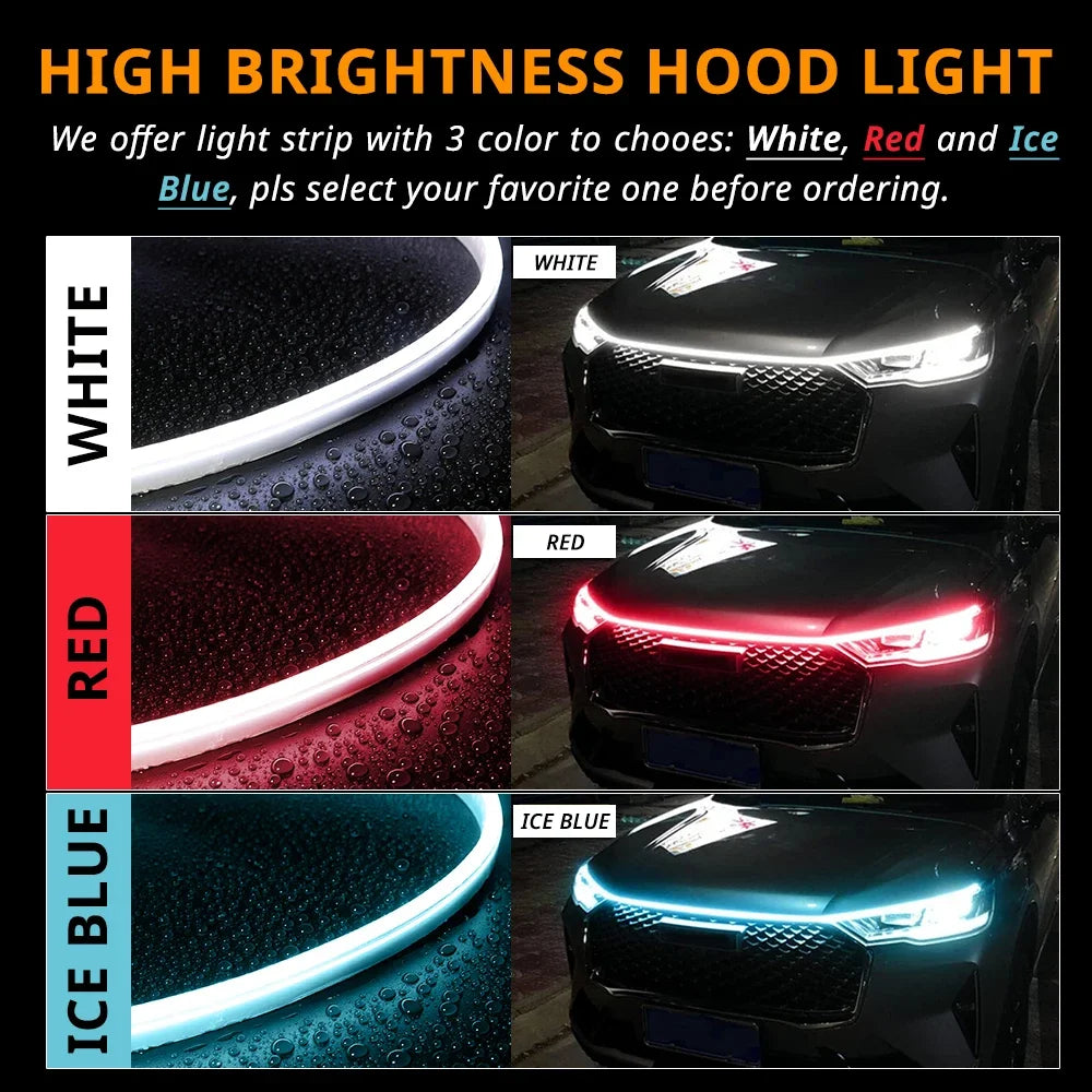 Three color options for a high brightness hood light strip: White, Red, and Ice Blue.