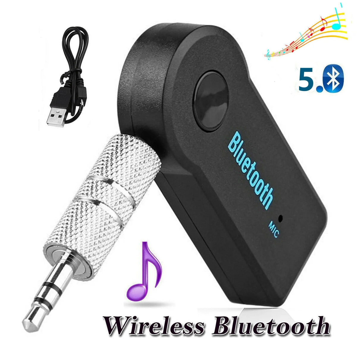 A black Bluetooth 5.0 audio adapter with a detachable microphone and cable for wireless connection.