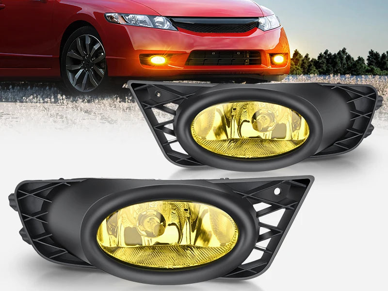 A pair of aftermarket amber fog light assemblies for a Honda Civic sedan, showing the headlight units and mounting brackets.