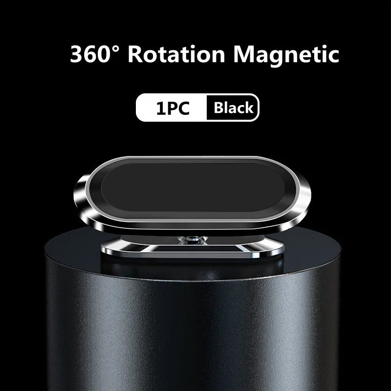 A black 360° rotation magnetic car phone holder for iPhone and Huawei devices.