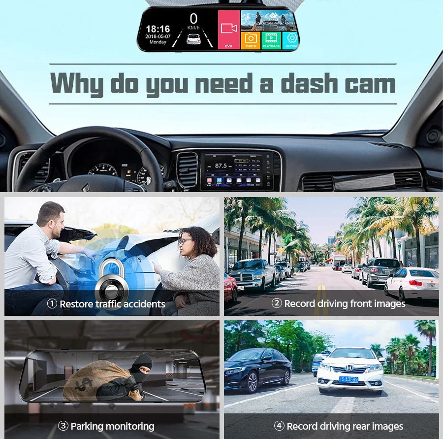 Affichage d'un enregistrement de dashcam, montrant des fonctions de surveillance de conduite et de stationnement.