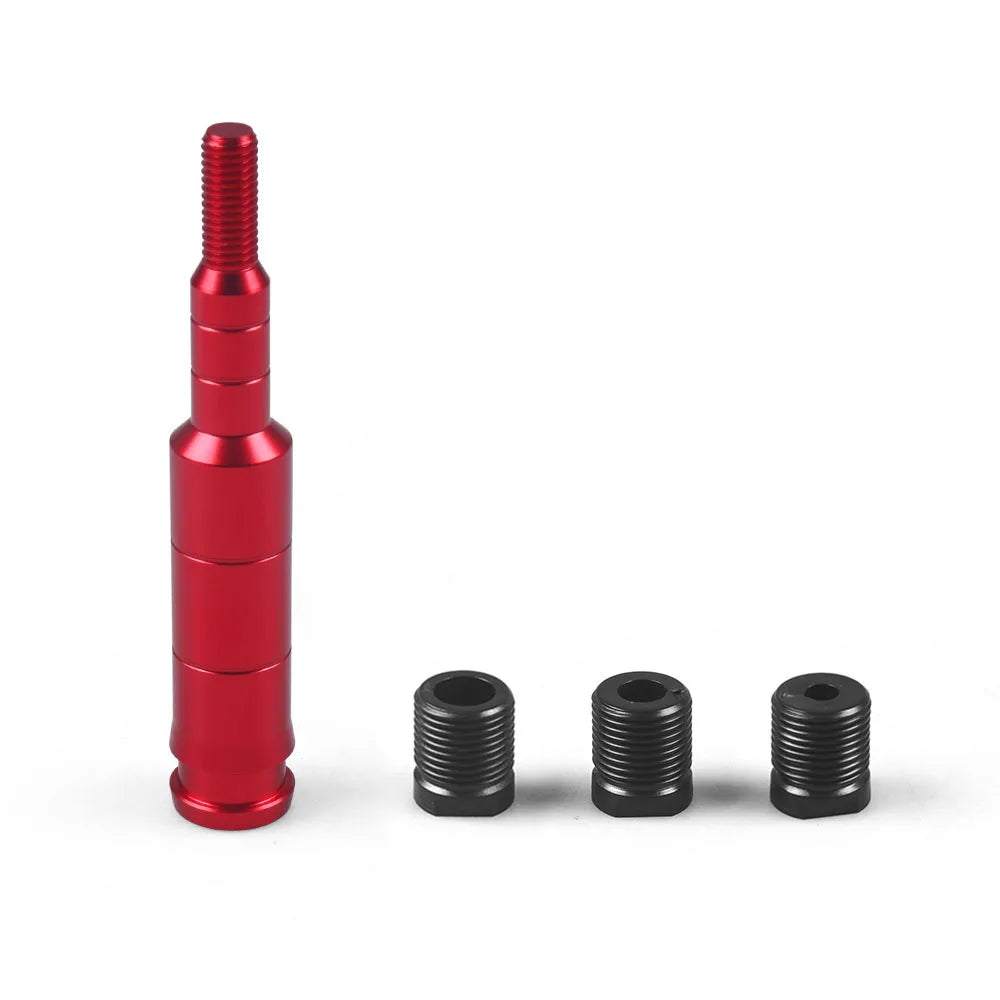 A red aluminum gear knob extension for a Honda shift lever, shown in various sizes.