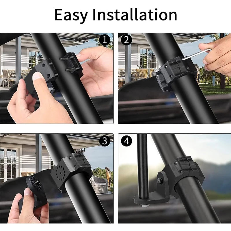 Four steps showing the easy installation of an LED whip light mount for off-road vehicles on a black tube.