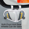 A white double mirror with a 360° adjustable angle showing both front and rear wheels.