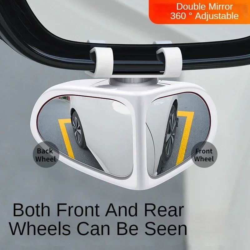 A white double mirror with a 360° adjustable angle showing both front and rear wheels.