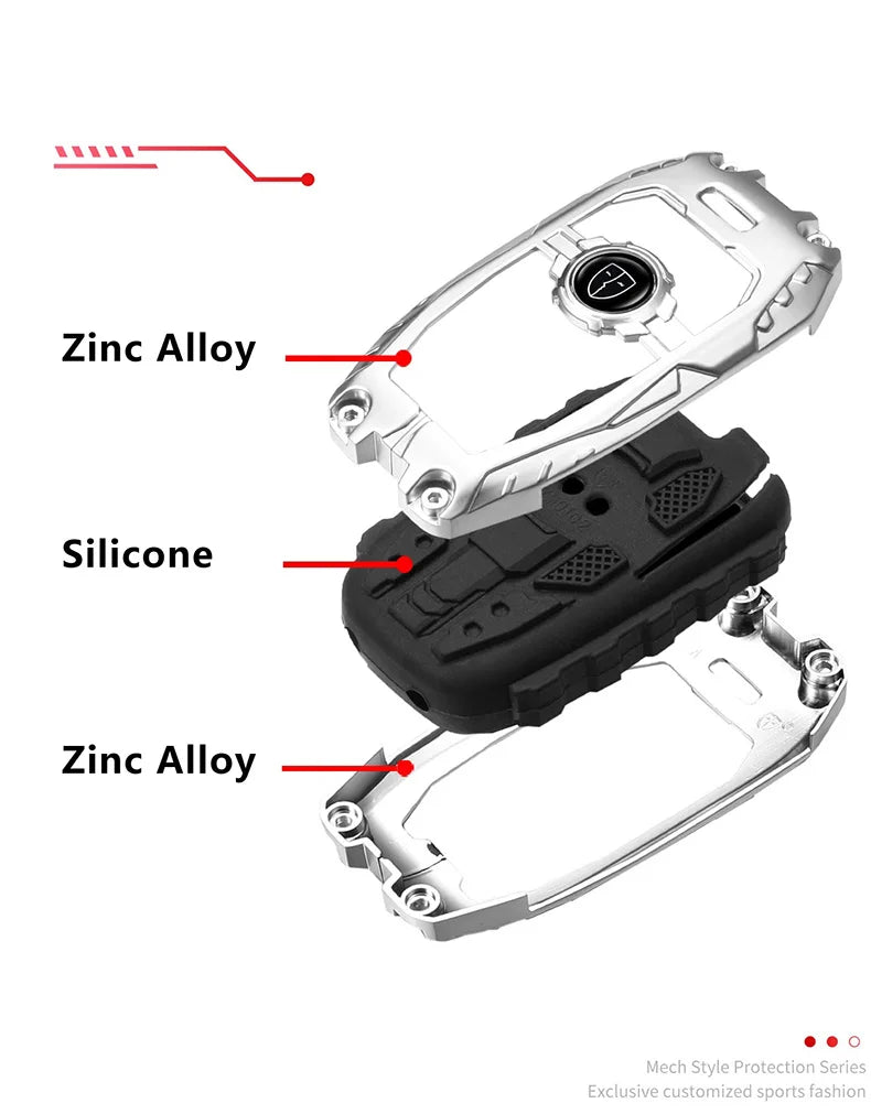 A set of protective covers made of zinc alloy and silicone for a universal car key fob.