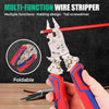 A hand holds a multi-function wire stripper tool with red and blue grips, demonstrating its folding design.