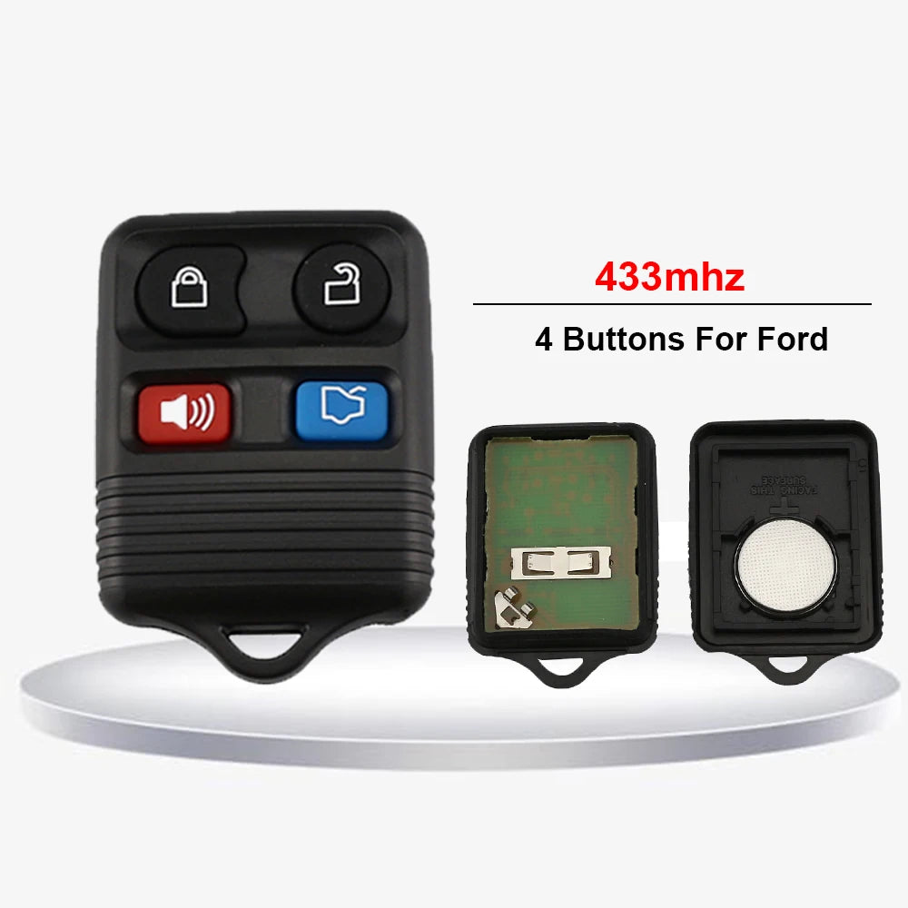 A black universal remote car key with four buttons for Ford models, showing a 433mhz frequency.