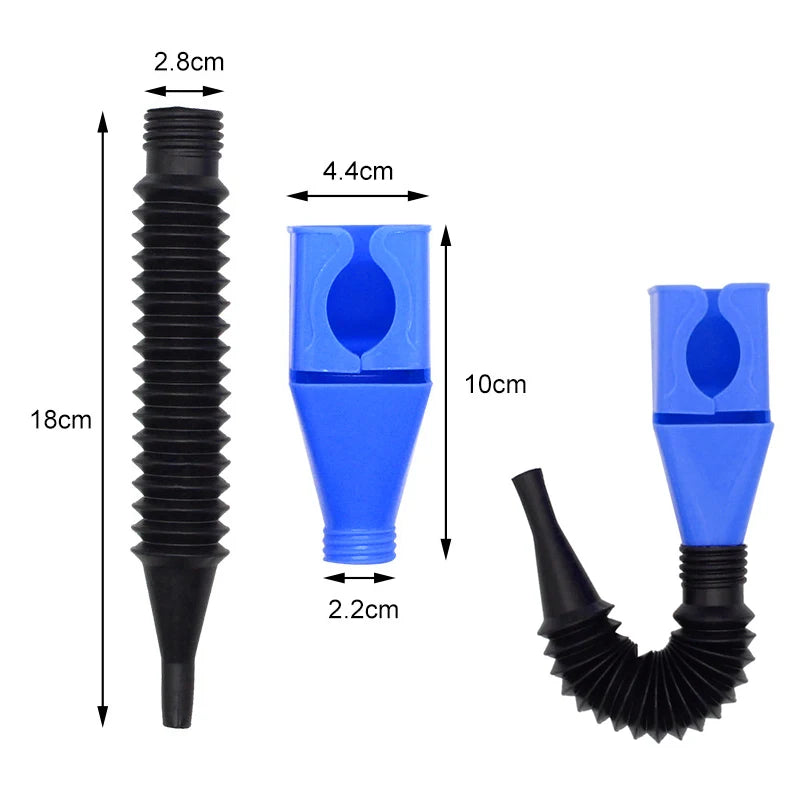 Black and blue foldable funnel for refueling cars and motorcycles