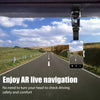 A phone holder is mounted to a car's rearview mirror, showing an augmented reality view of the road.