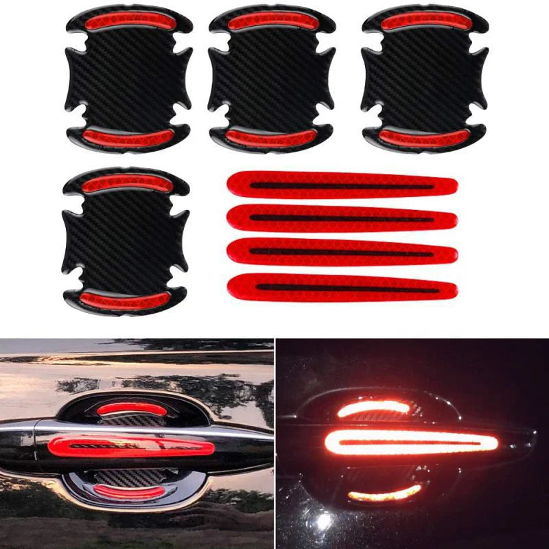 Eight reflective stickers designed to protect car door handles and provide visibility.