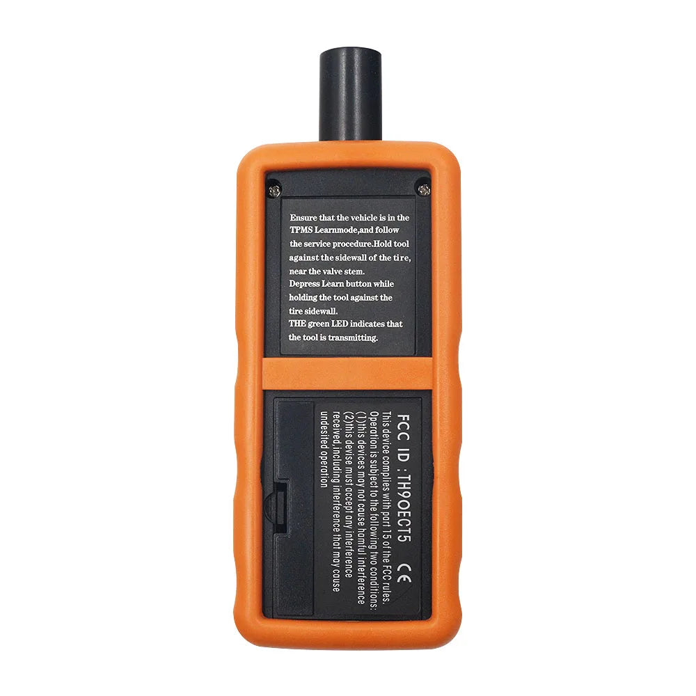 An orange tool for learning and following the service procedure of a TPMS tire pressure sensor.