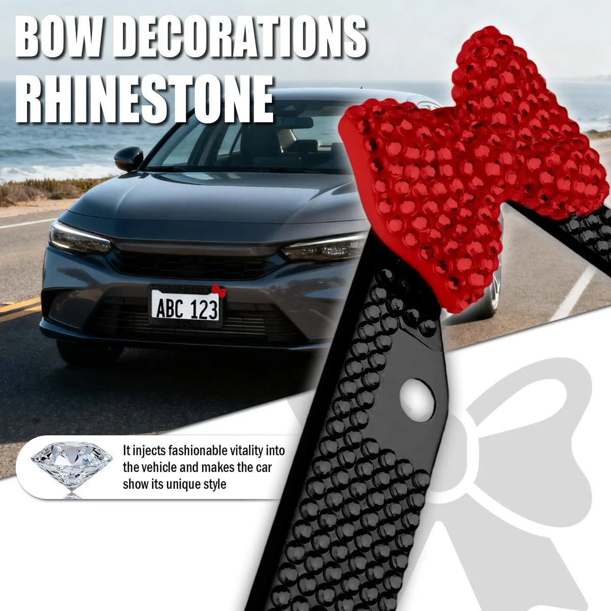 Red rhinestone bow decorations for a vehicle license plate frame set