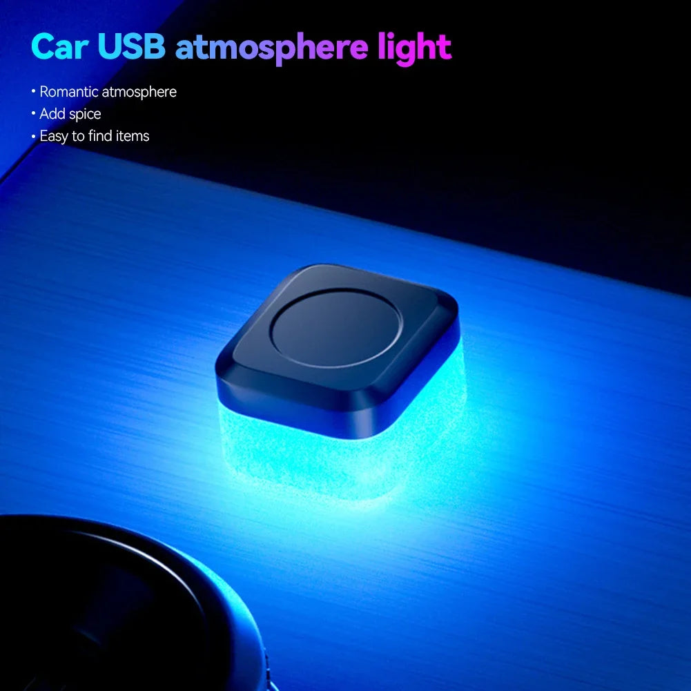 A blue ambient light product is shown glowing on a dark surface, likely for car use.