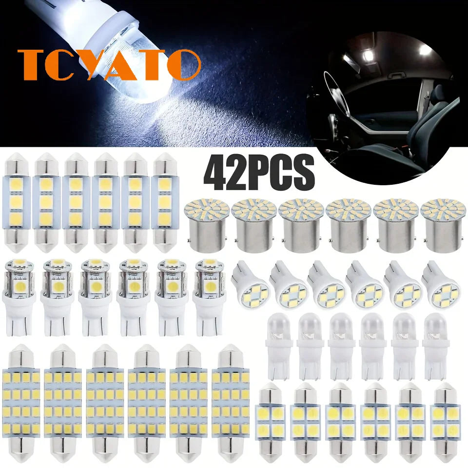 A collection of 42 high-intensity LED car interior bulbs and a bright light source.