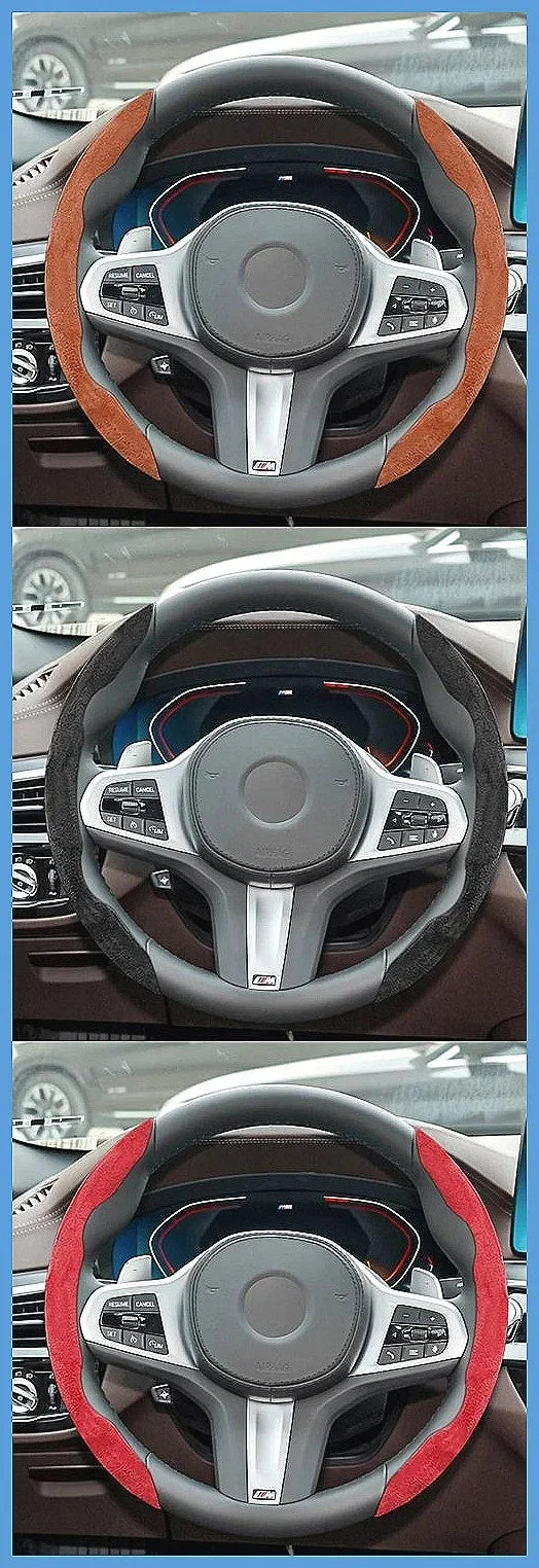 Close-up view of a steering wheel with brown leather and red accents on the grips and spokes.