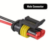 Male connector with a black housing and yellow wire insulation for automotive or marine use.