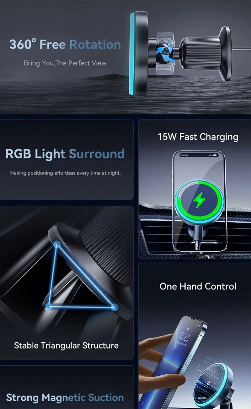 A magnetic wireless charging phone mount with 360 degree rotation, RGB light surround, and a stable triangular structure.