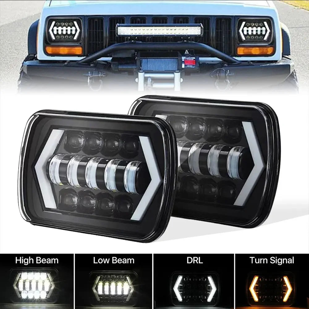 A set of square LED headlights and turn signals for a vehicle, shown in various light modes.