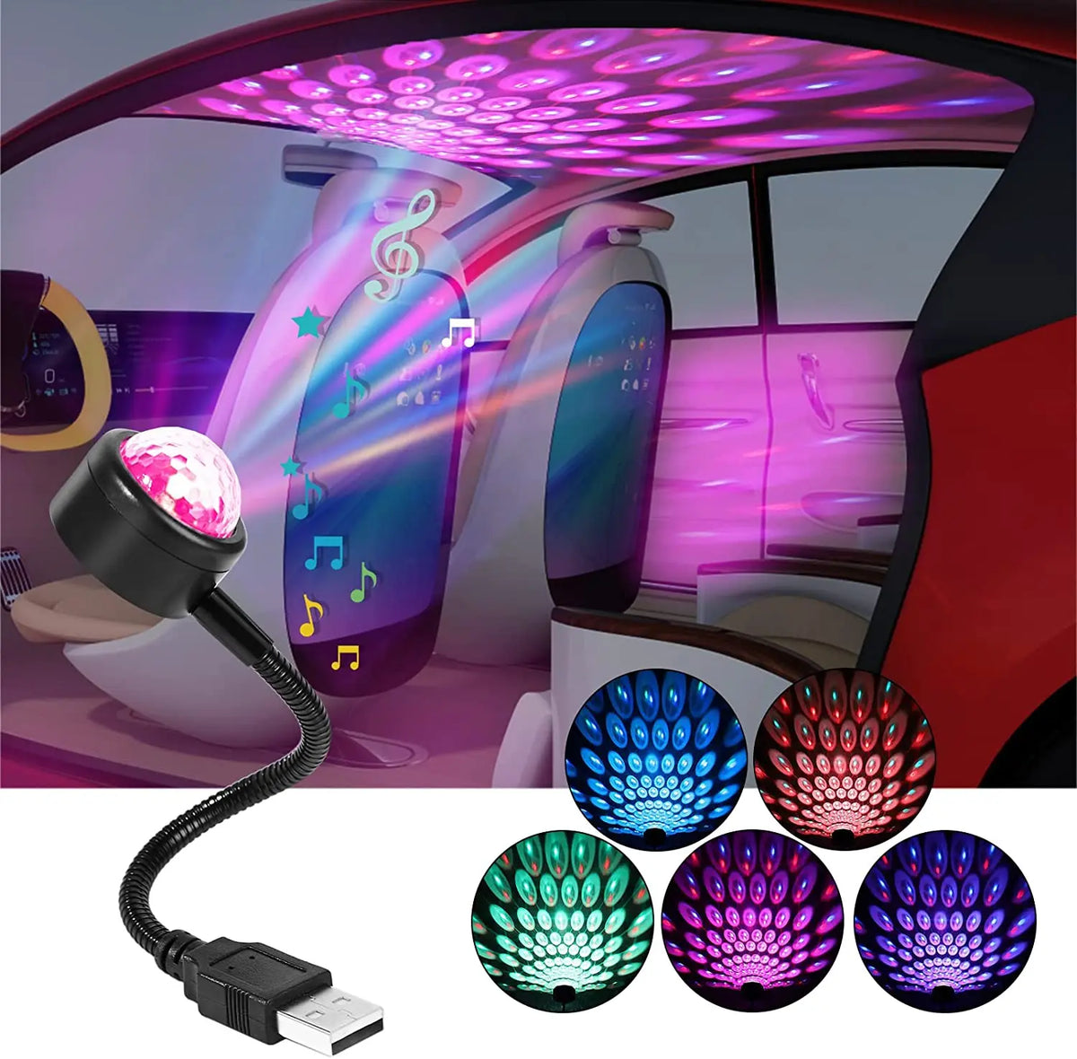 A multi-mode USB projection party light is shown illuminating a car interior with colorful light patterns.