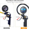 Digital tire pressure gauge with inflator and quick connect coupler shown in two views.