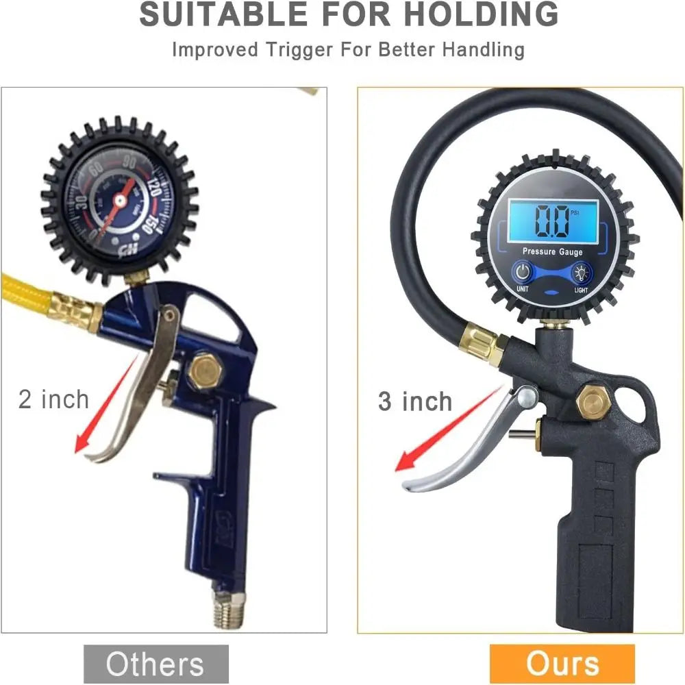 Digital tire pressure gauge with inflator and quick connect coupler shown in two views.