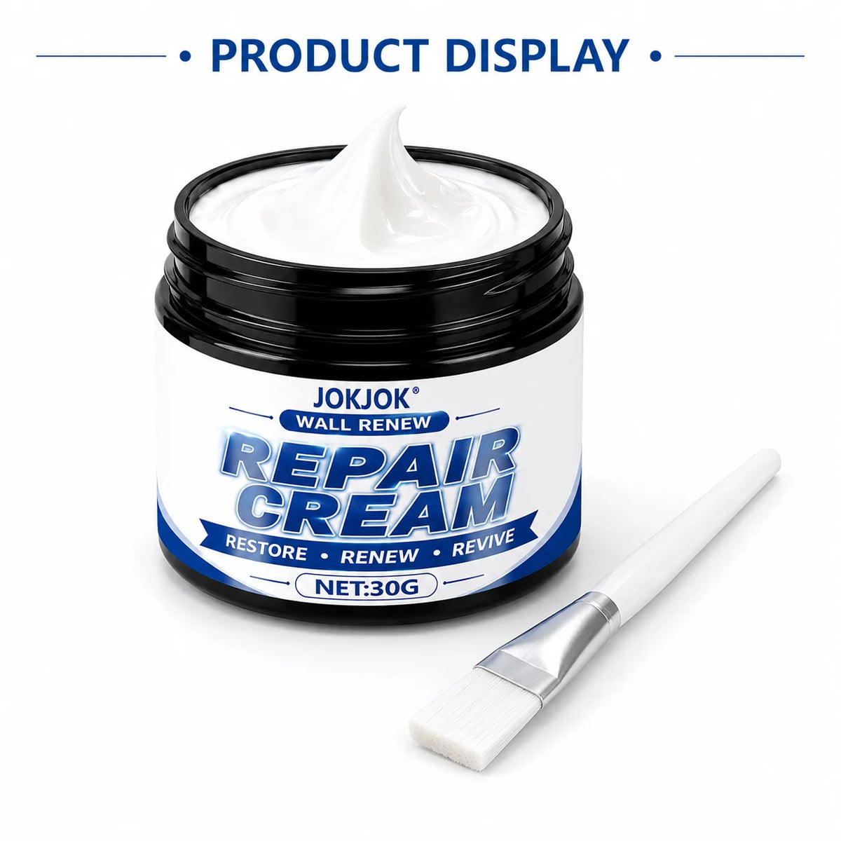 Jar of JOKJOK Wall Renew Repair Cream with a white spatula displayed on a white background.