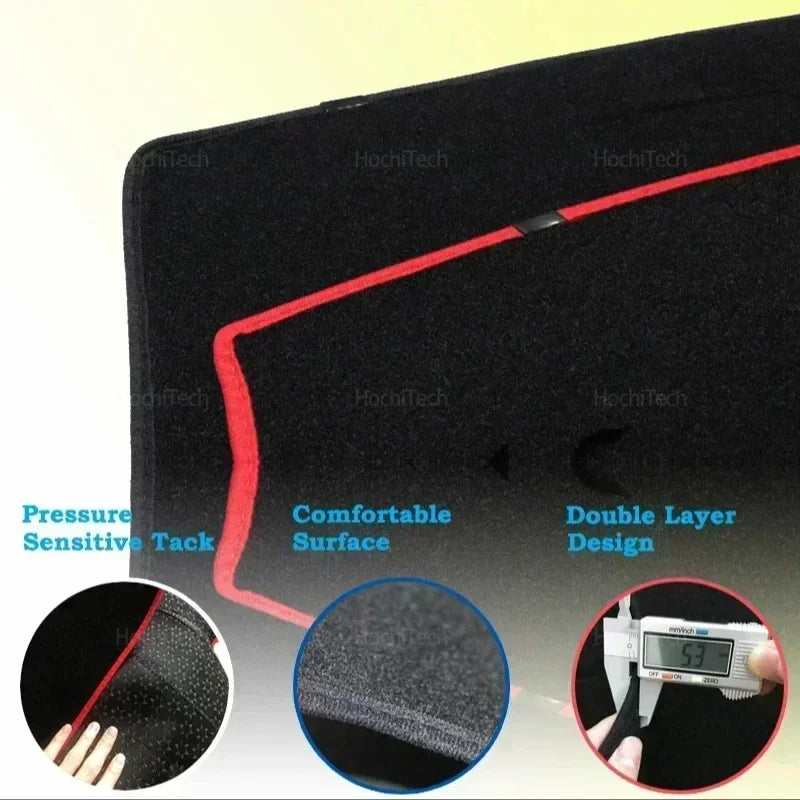 Close-up view of a black dashboard cover with a red stitching line, showing a textured surface and double layer design.