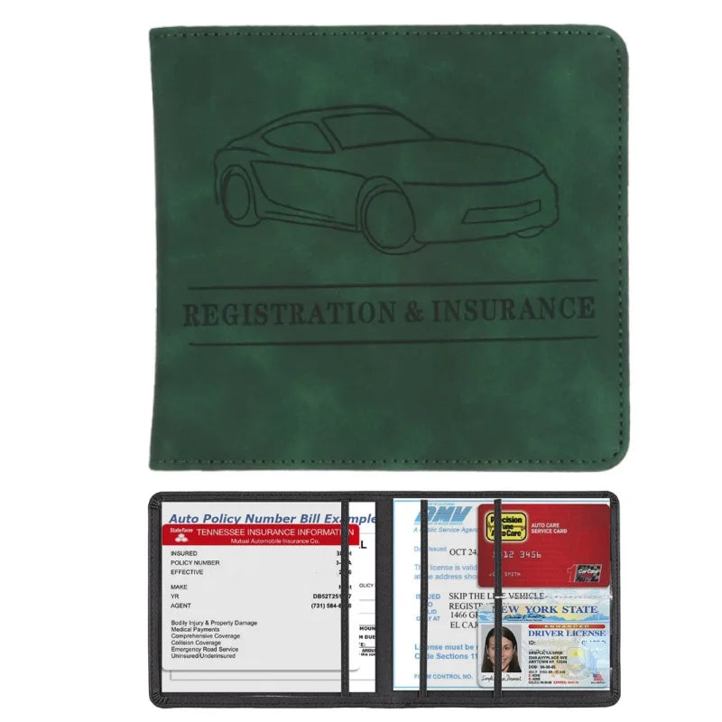 A dark green PU leather document organizer featuring a line drawing of a car and text for registration and insurance.