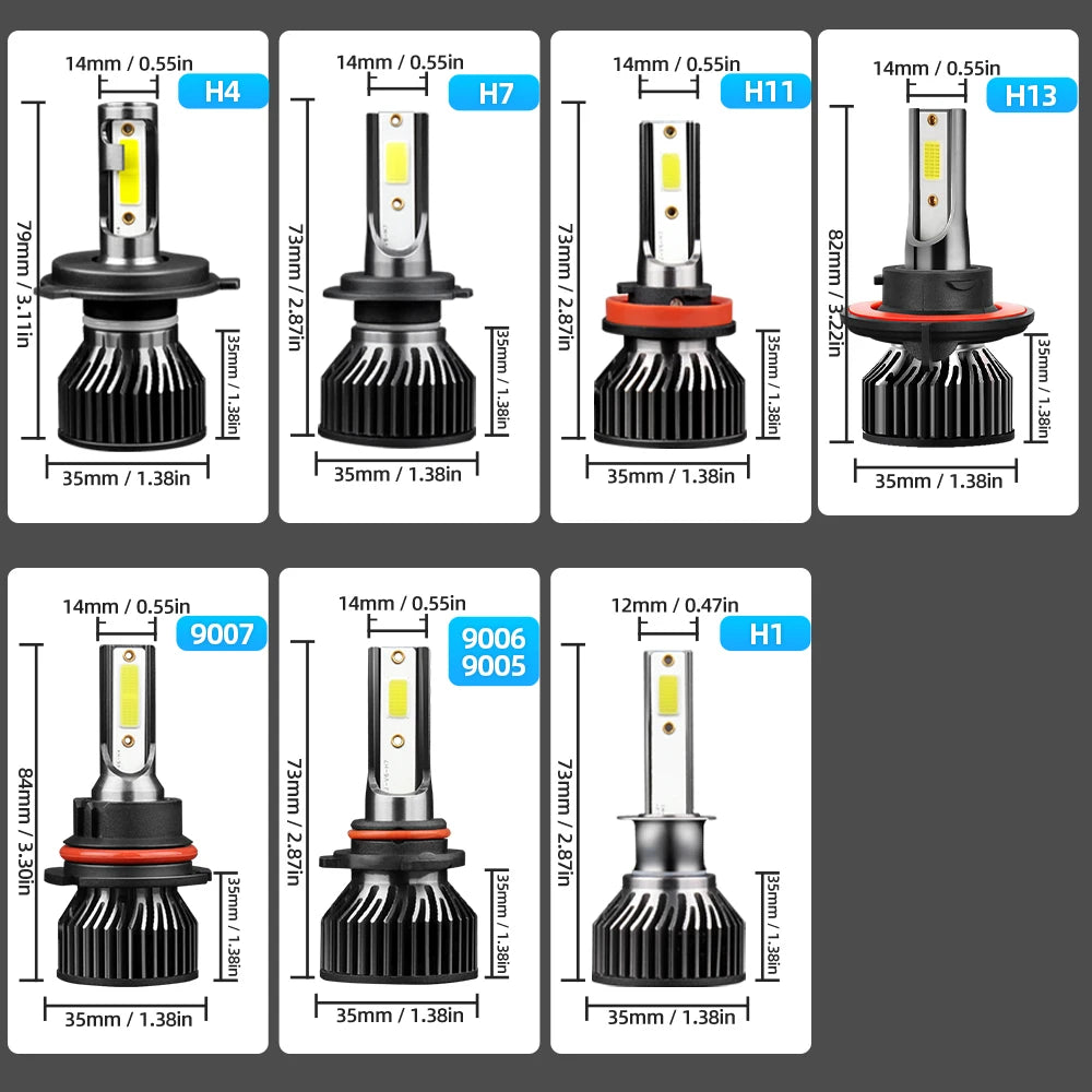 A collection of high-intensity LED car headlight bulbs including H4, H7, H11, and H13 types.