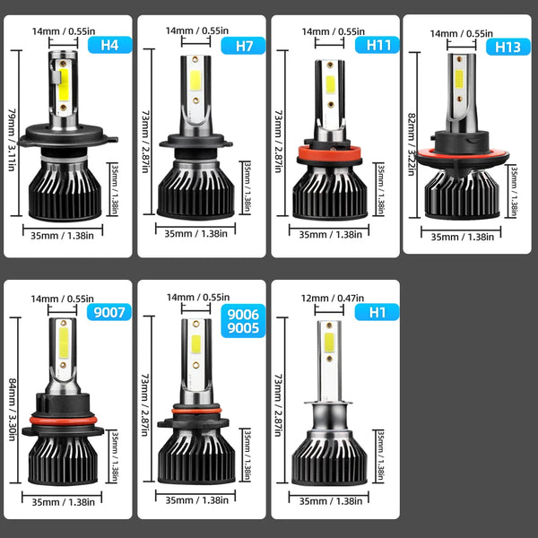 A collection of high-intensity LED car headlight bulbs including H4, H7, H11, and H13 types.