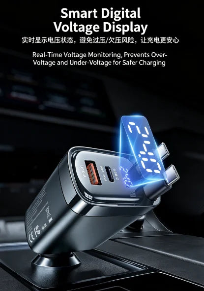 A close-up of a black car charger with a digital voltage display showing 22.3V, mounted on a surface.