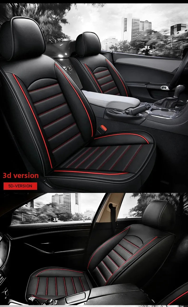 Interior view of a black leather car seat with red stitching and accents, showing 3D and 5D versions.