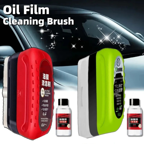 A set of red and lime green oil film cleaning brushes shown next to a car windshield.