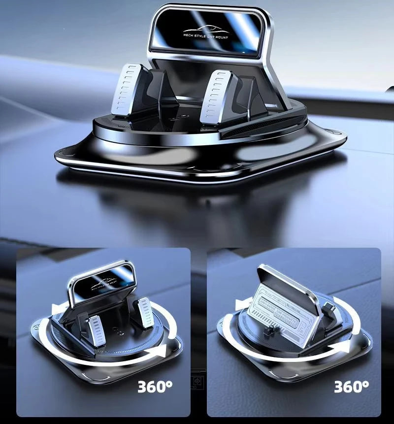 A black universal car phone holder with multiple adjustable clamps shown from different angles.