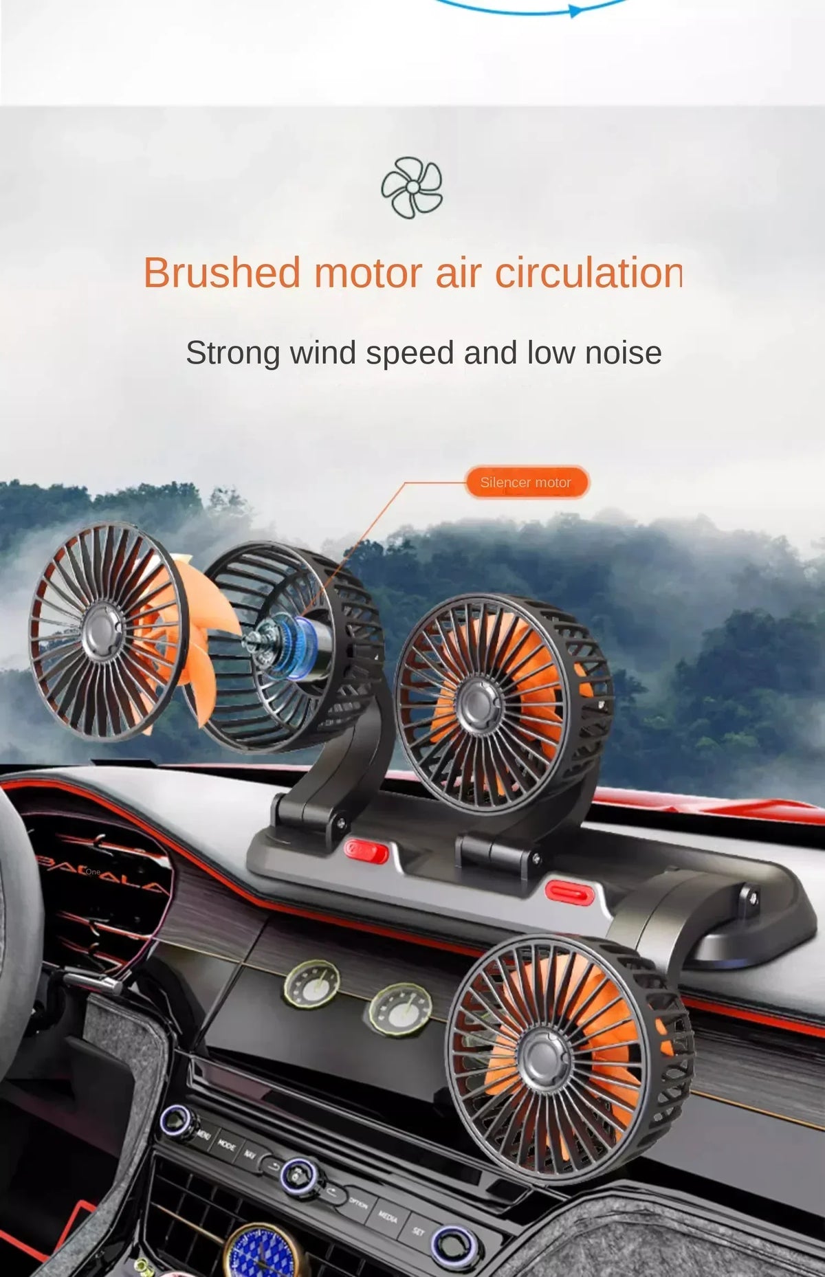 Close-up of a car dashboard featuring three brushed motor air circulation fans mounted for cooling and aromatherapy.