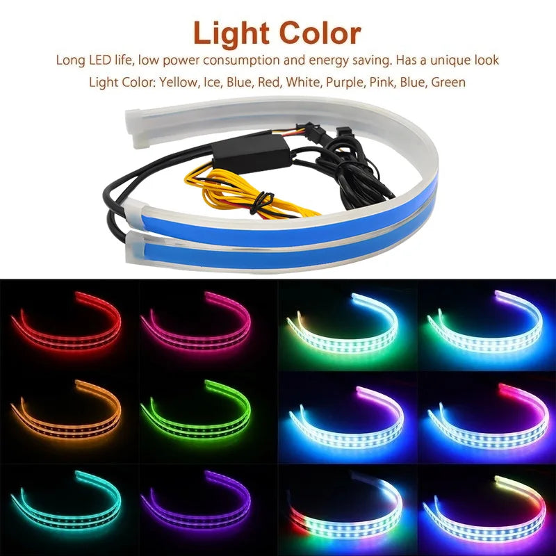 A white LED light strip with various colors including yellow, ice blue, red, white, purple, pink, blue, and green.