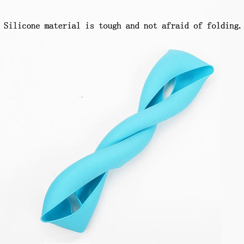 A bright blue silicone steering wheel cover coiled into a spiral shape.