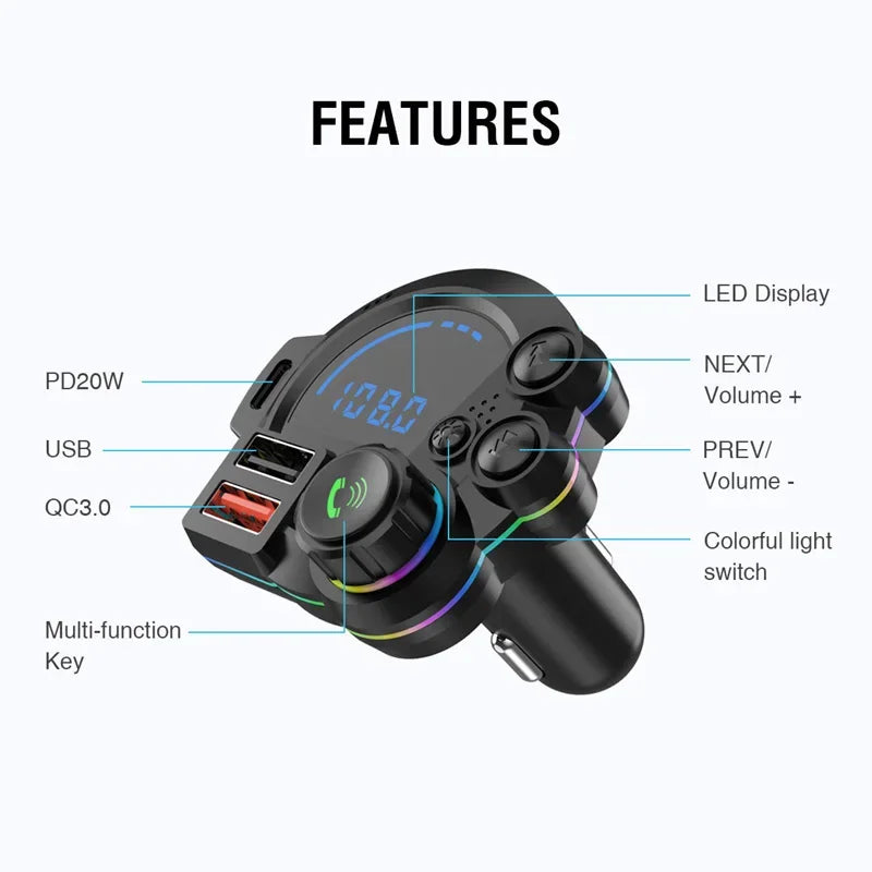 Multi-Function Car Charger with Bluetooth and Fast Charging