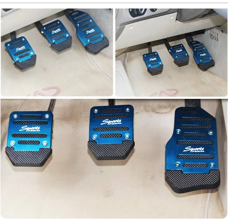 Un ensemble de pédales en aluminium bleues et noires pour voitures manuelles, vues sous différents angles.