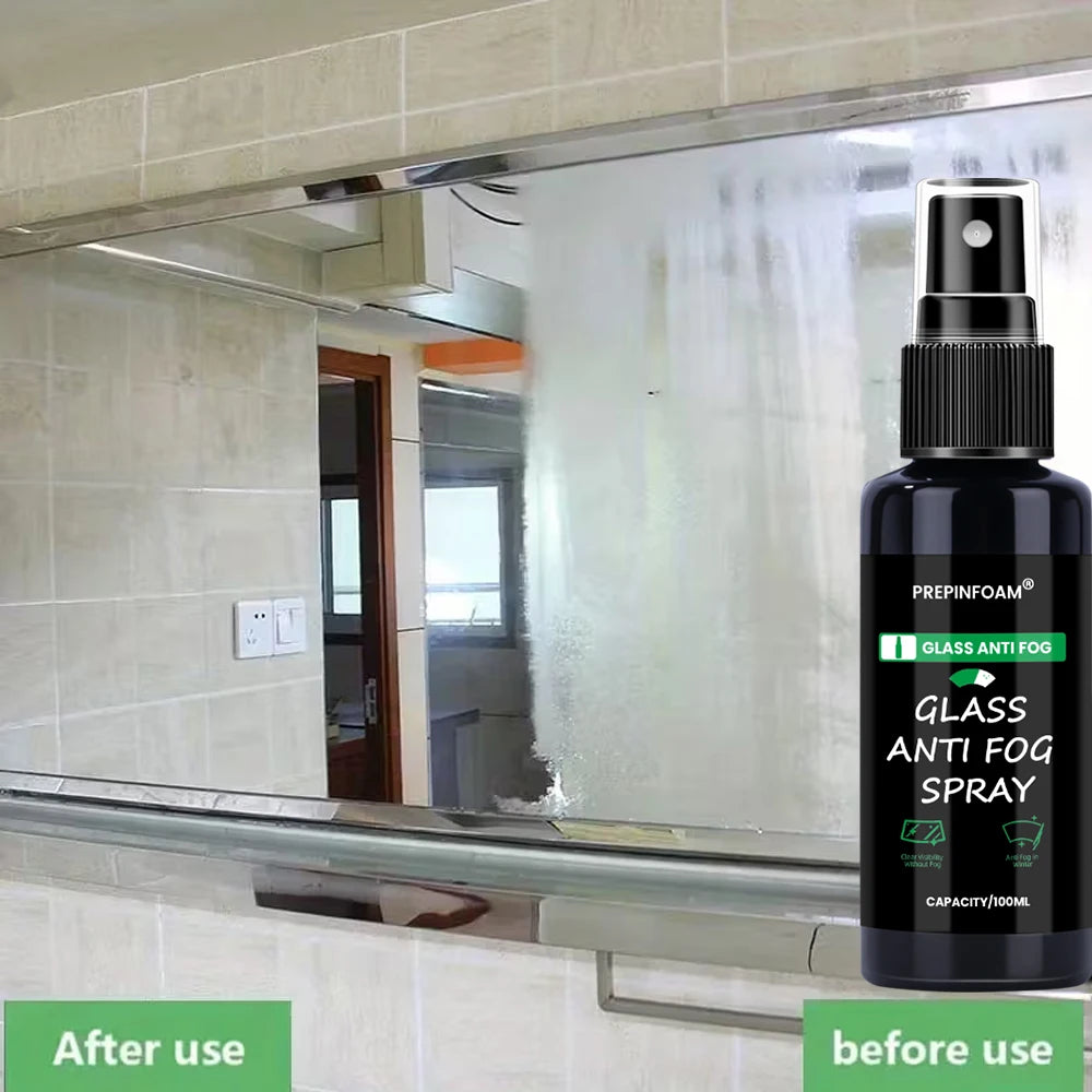 A bottle of Glass Anti Fog Spray is shown in front of a bathroom mirror.